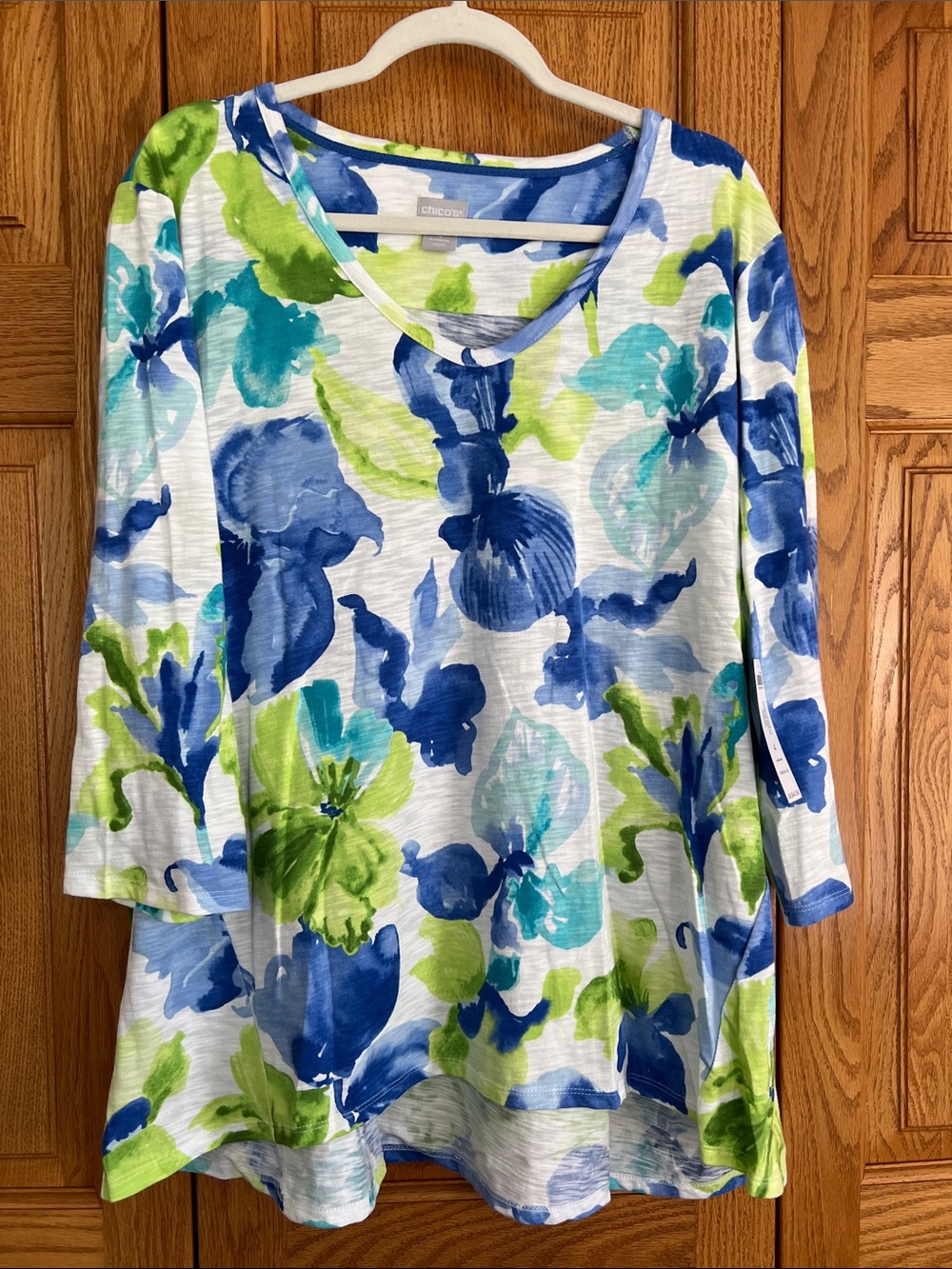 Chico's Blue, Green & Aqua Floral V-Neck Swing Tunic, NWT, Chicos Size 4 XXL